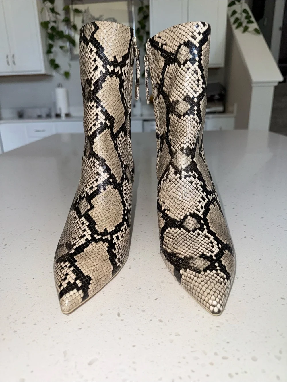 H&M Beige and Black Snake-Print Pointed Ankle Boots